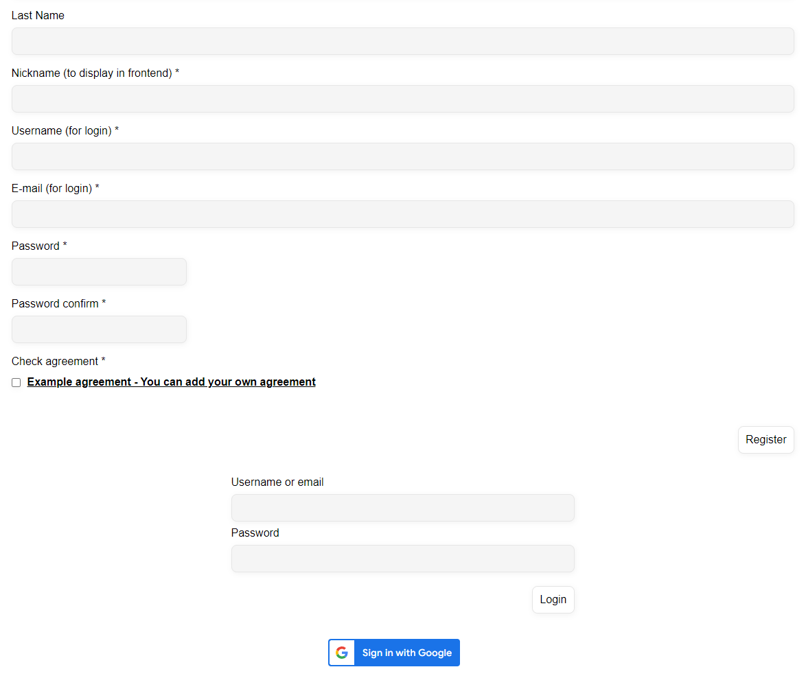 Registration form, login form and Google sign in